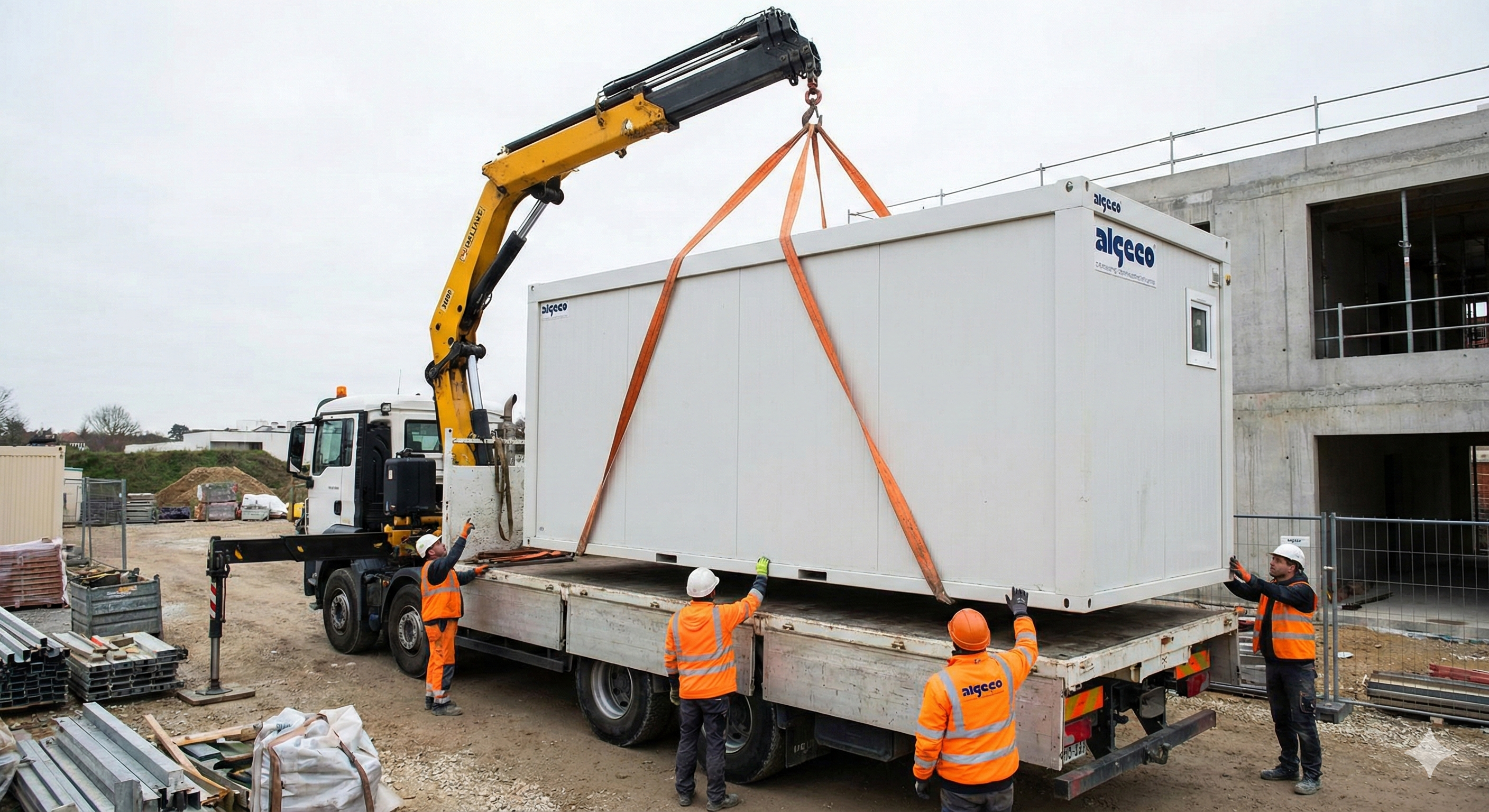 Grue auxiliaire soulevant un algeco depuis un camion plateau pour le poser sur un chantier