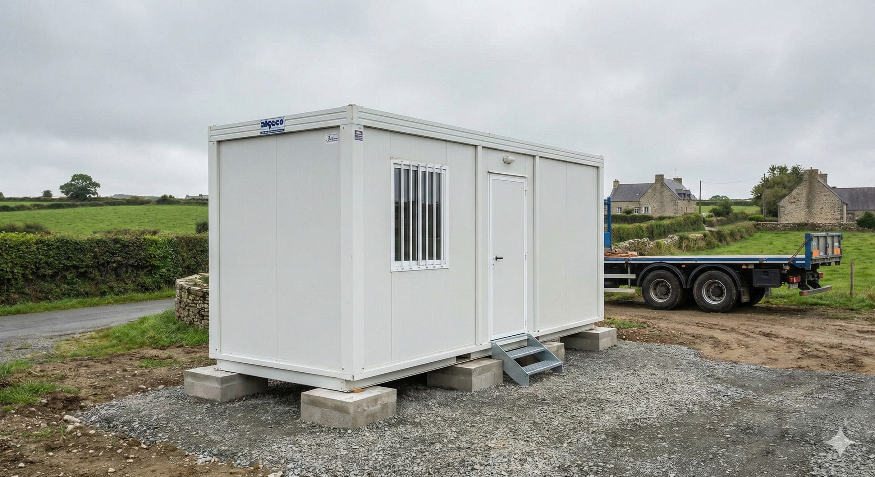 Algeco posé sur plots béton sur un chantier, camion Calvez TP en arrière-plan