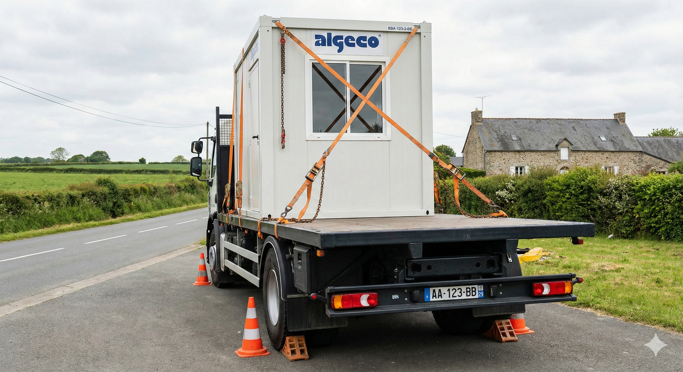 Camion plateau avec algeco arrimé, vu de l'arrière, sur une route bretonne