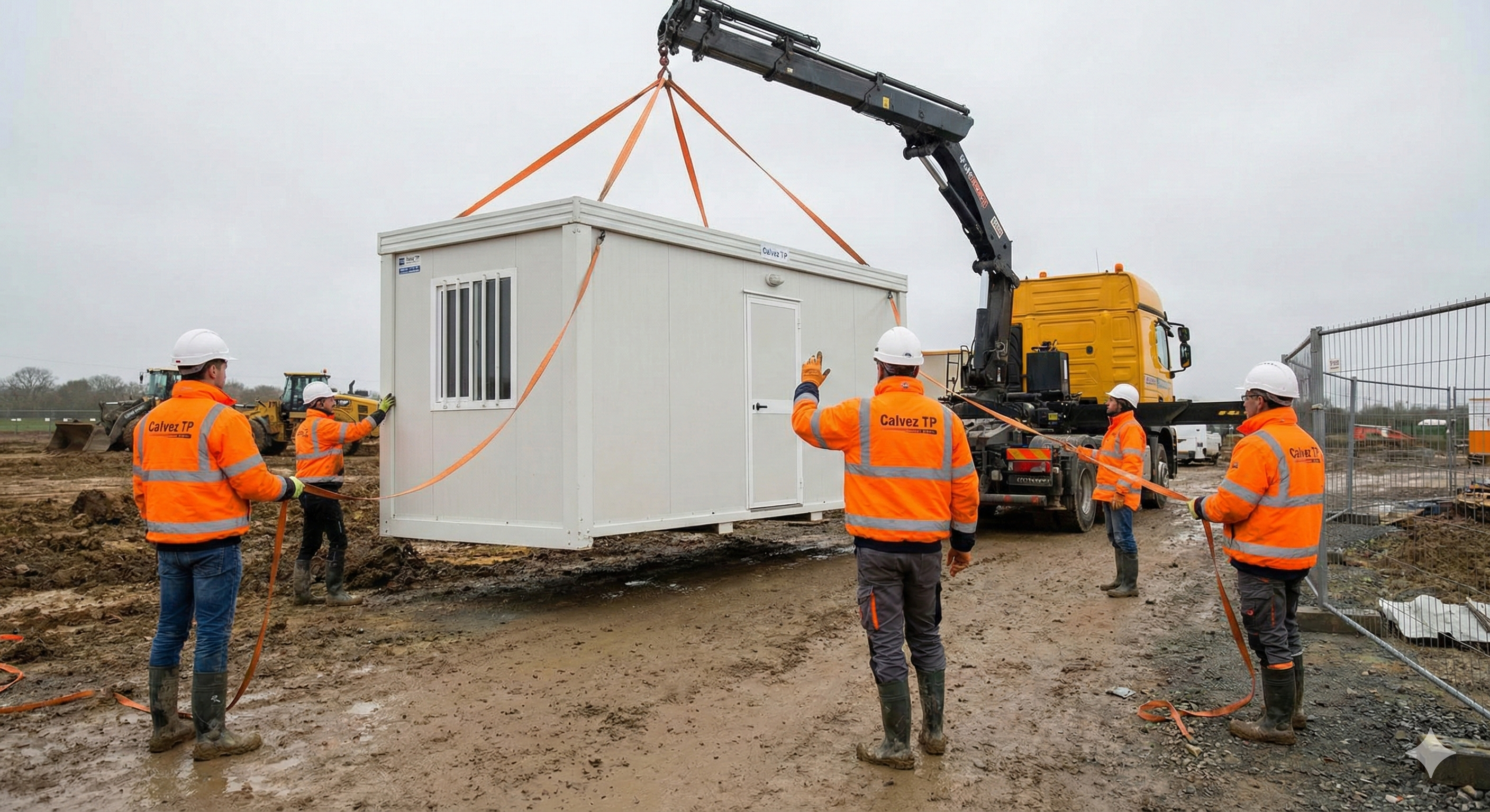 Équipe Calvez TP posant un bungalow de chantier à l'aide d'une grue auxiliaire