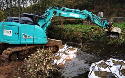 Chargement de big-bags et mise en place en rivière avant enrochement