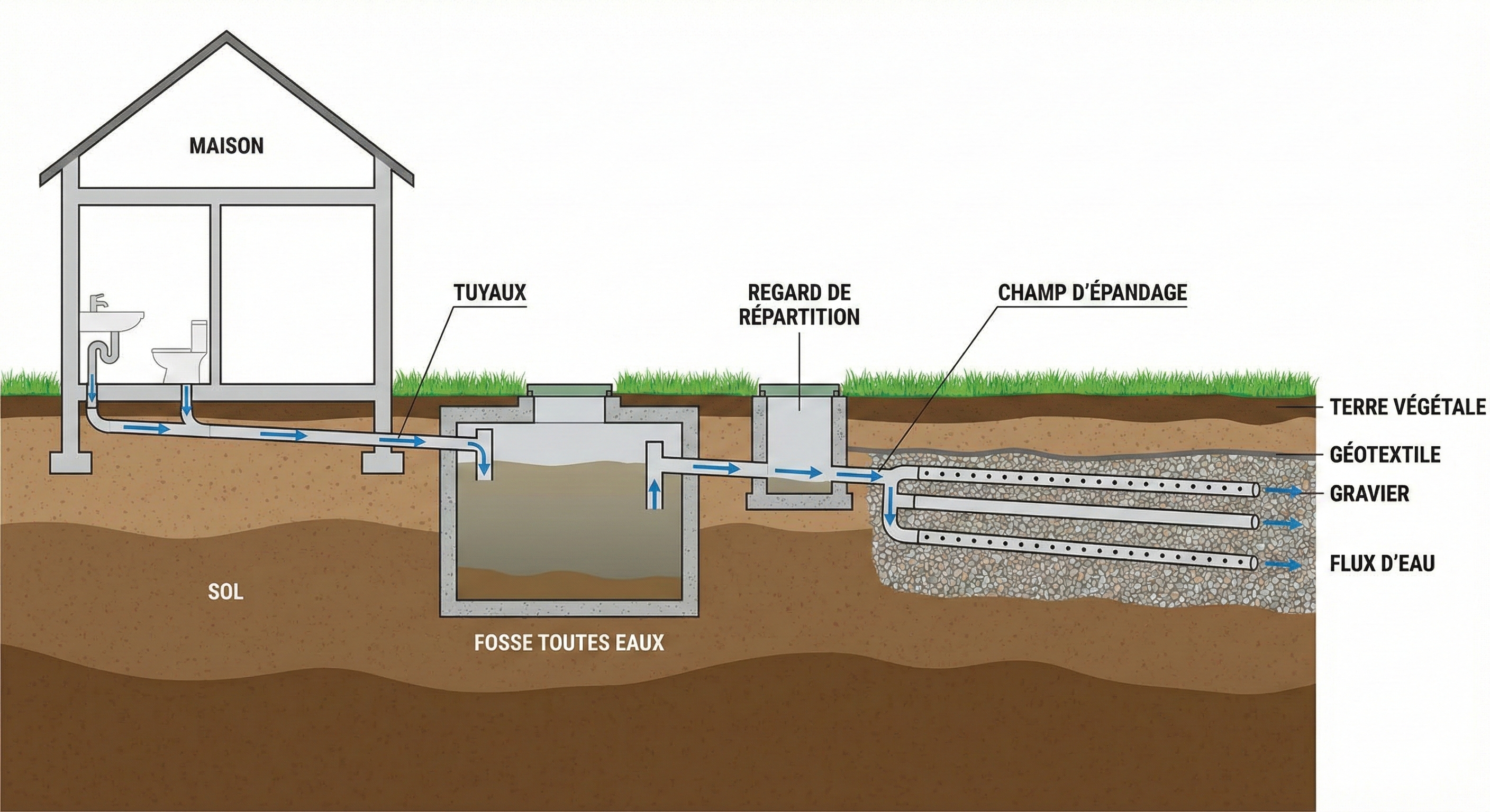 Schéma en coupe d'un assainissement individuel par épandage avec fosse toutes eaux