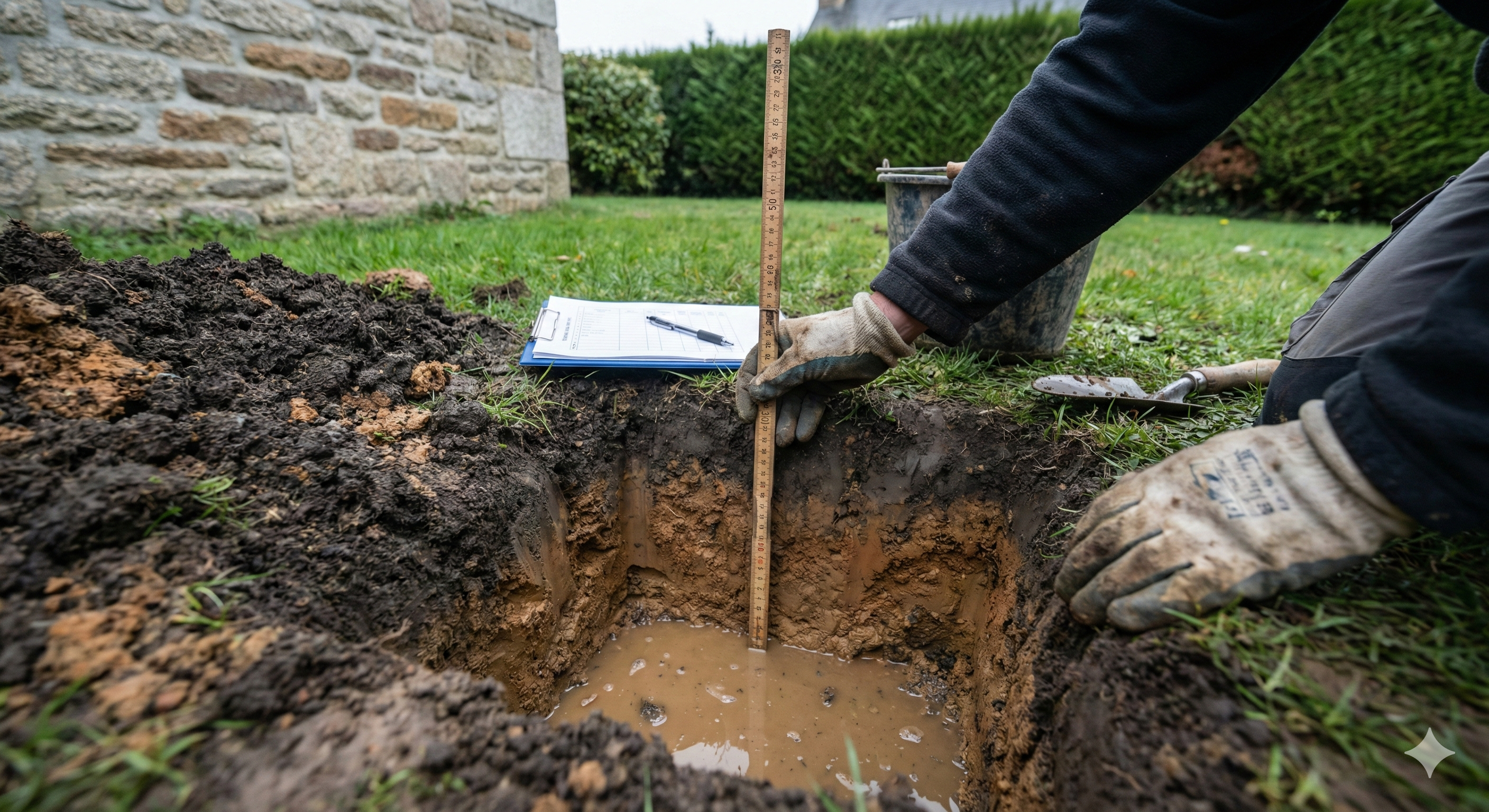 Test de percolation réalisé sur un terrain avant installation d'un assainissement individuel
