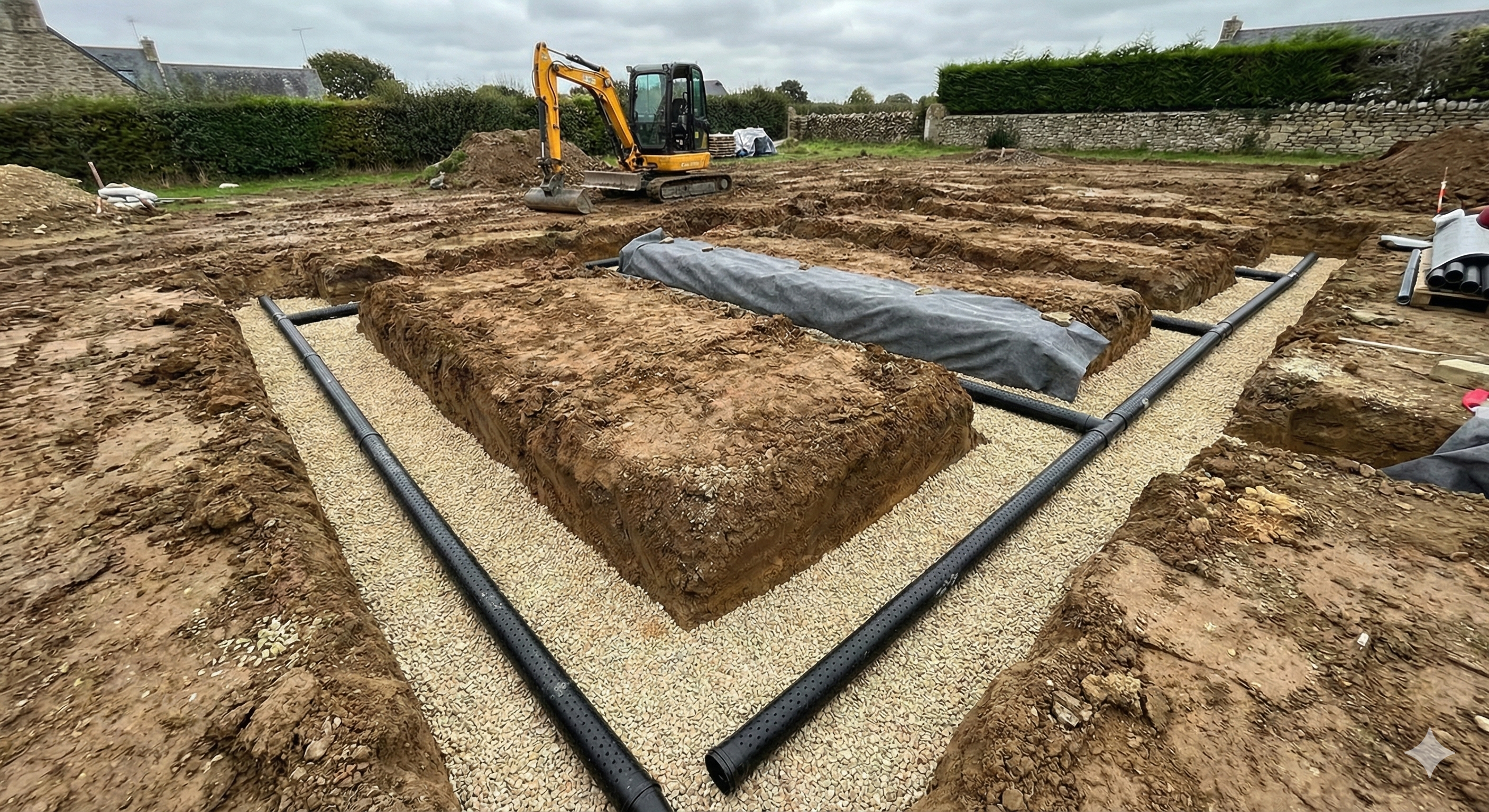 Tranchées d'épandage en cours de réalisation avec tuyaux perforés sur lit de gravier