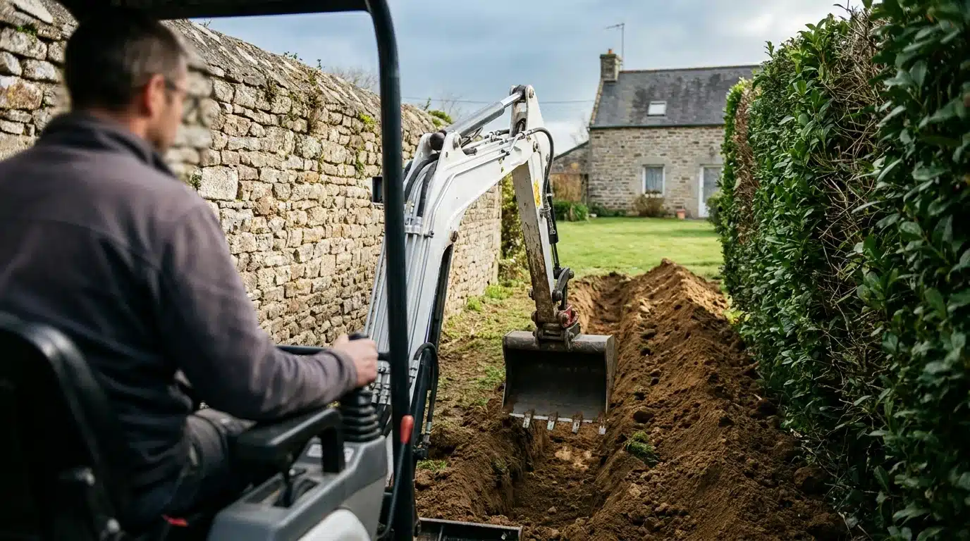 Location de mini-pelle avec chauffeur dans le Finistère : tarifs 2026 Mini-pelle avec chauffeur creusant une tranchée dans un jardin du Finistère