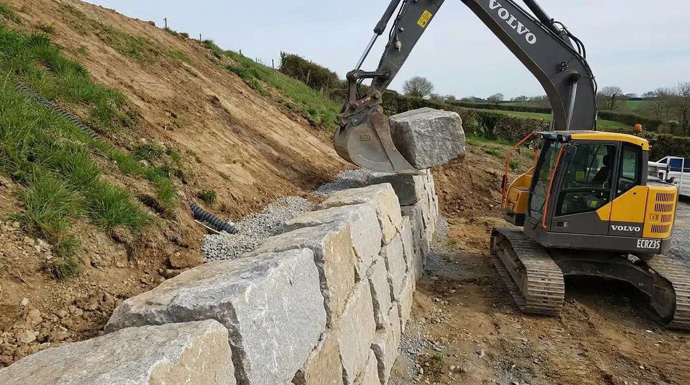 Mur de soutènement : prix au m² et solutions dans le Finistère Enrochement de blocs de granit retenant un talus sur un terrain en pente dans le Finistère