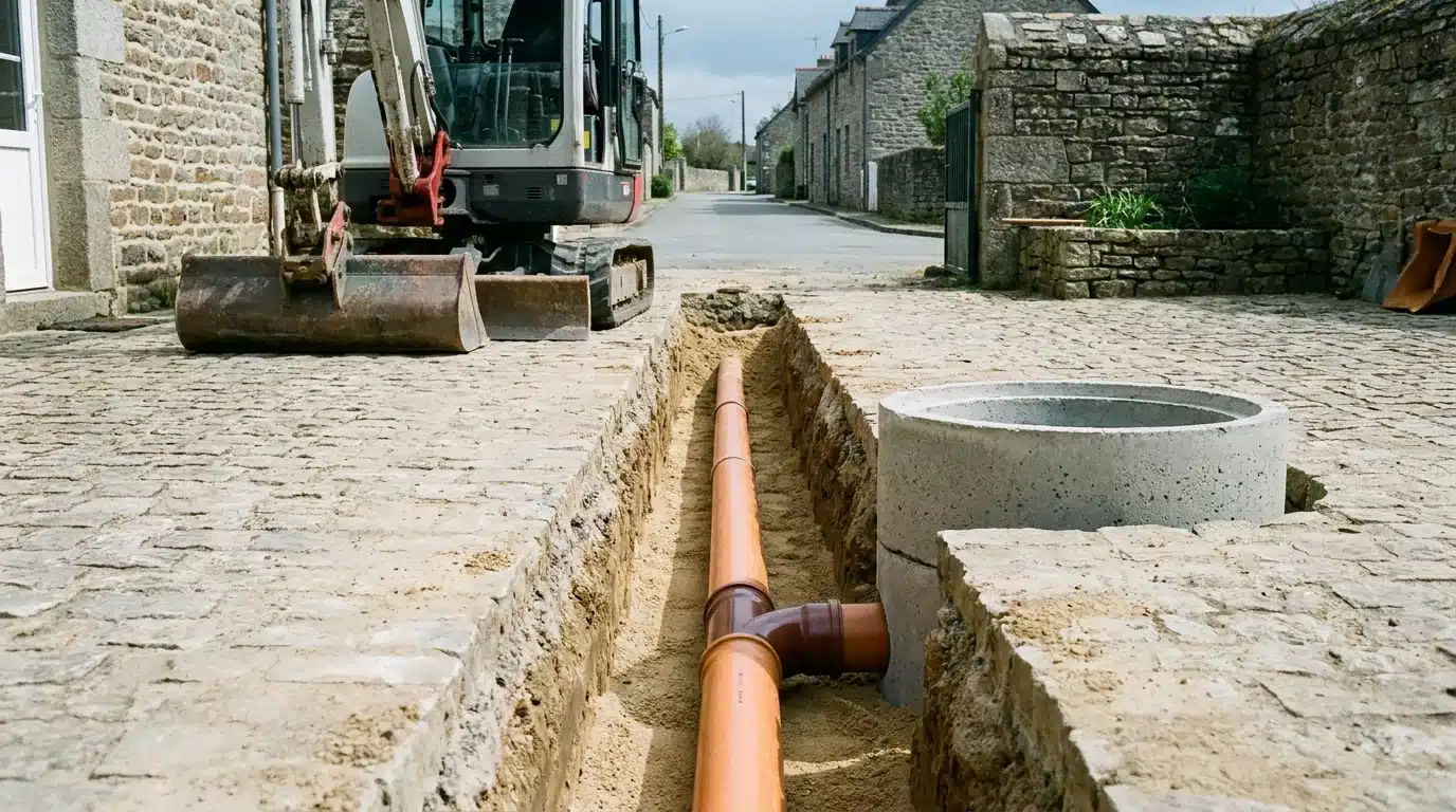 Tranchée de raccordement au tout-à-l'égout avec tuyau PVC devant une maison bretonne