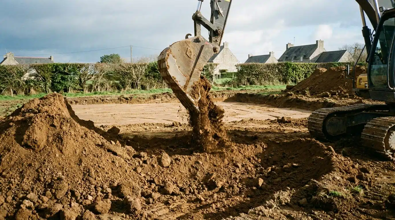 Pelle mécanique creusant les fouilles de fondation d'une maison dans le Finistère